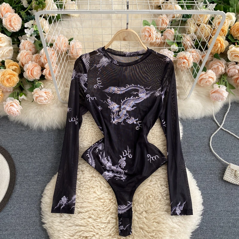 Hotsweet O-neck Elegant Long Sleeves Vintage Print Chic See Through Mesh Bodysuits T-shirt Top Sexy High Street Autumn Jumpsuit