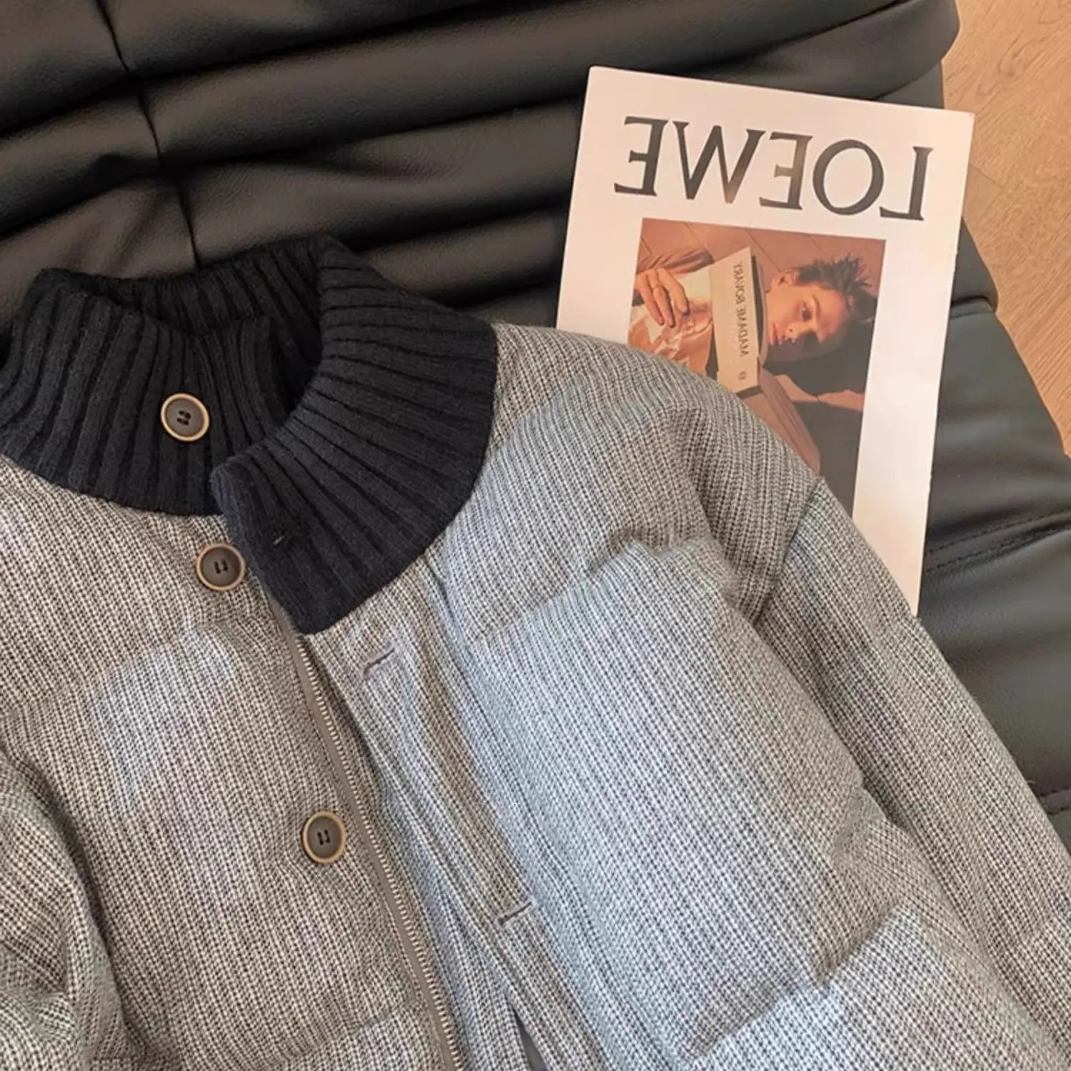 

Korean Chic Loose Parka Coat Warm Zip Stand Collar Knit Patchwork Premium Design All Match Casual New Outwear