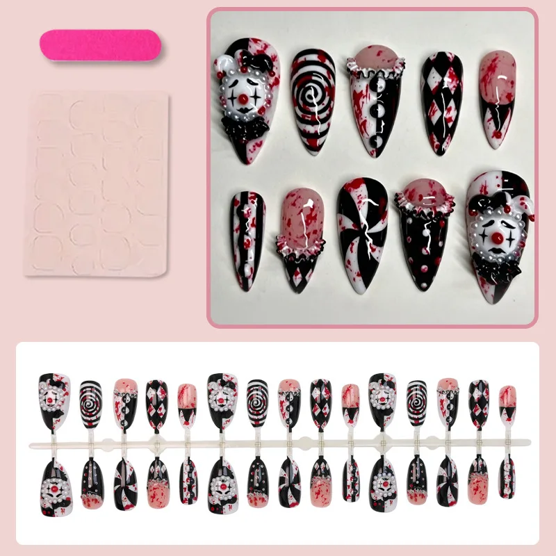 24 Stück Dunkle Gothic Mandel-Kunstnägel Halloween Horror Clown 3D Charms Rote Blutstropfen Wirbel Rhombus Gestreifte Nägel zum Aufkleben – Detail 3