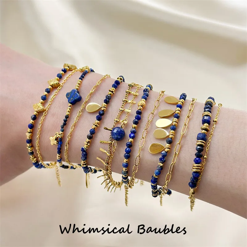 

New Trendy Stainless Steel Handcrafted Gold-Plated Natural Stone Beads Charm Lapis Lazuli Bracelet