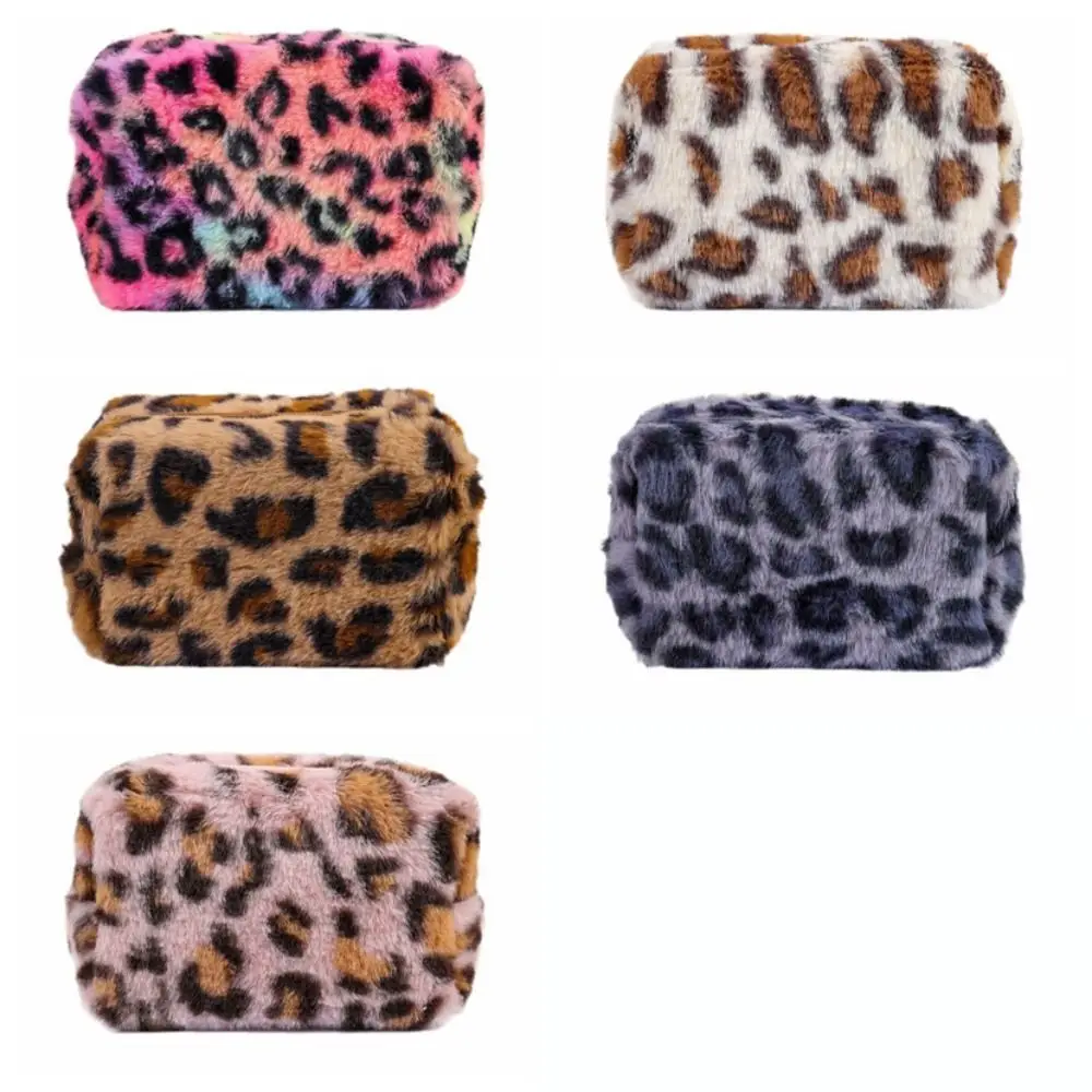 Leopard Print Plush Makeup Bags Soft Large Capacity Women's Cosmetic Pouch Lightweight Zipper Cosmetic Storage Organizer Travel