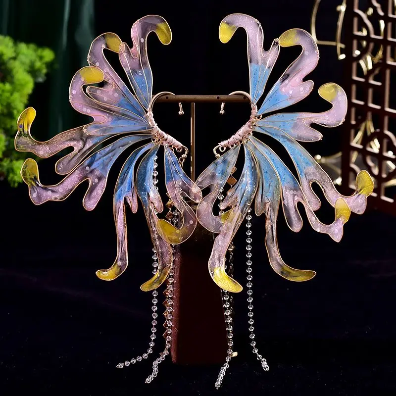 Ancient Style Super Fairy Mermaid Gradient Pink Liquid Flower Hair Crown Ear Hanging Set Mermaid Headdress Accessories