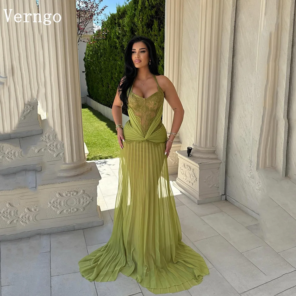 

Verngo Green Chiffon Evening Dress Elegant Halter Mermaid Prom Dress Flowing Hand-pleated Prom Party Dress Customized