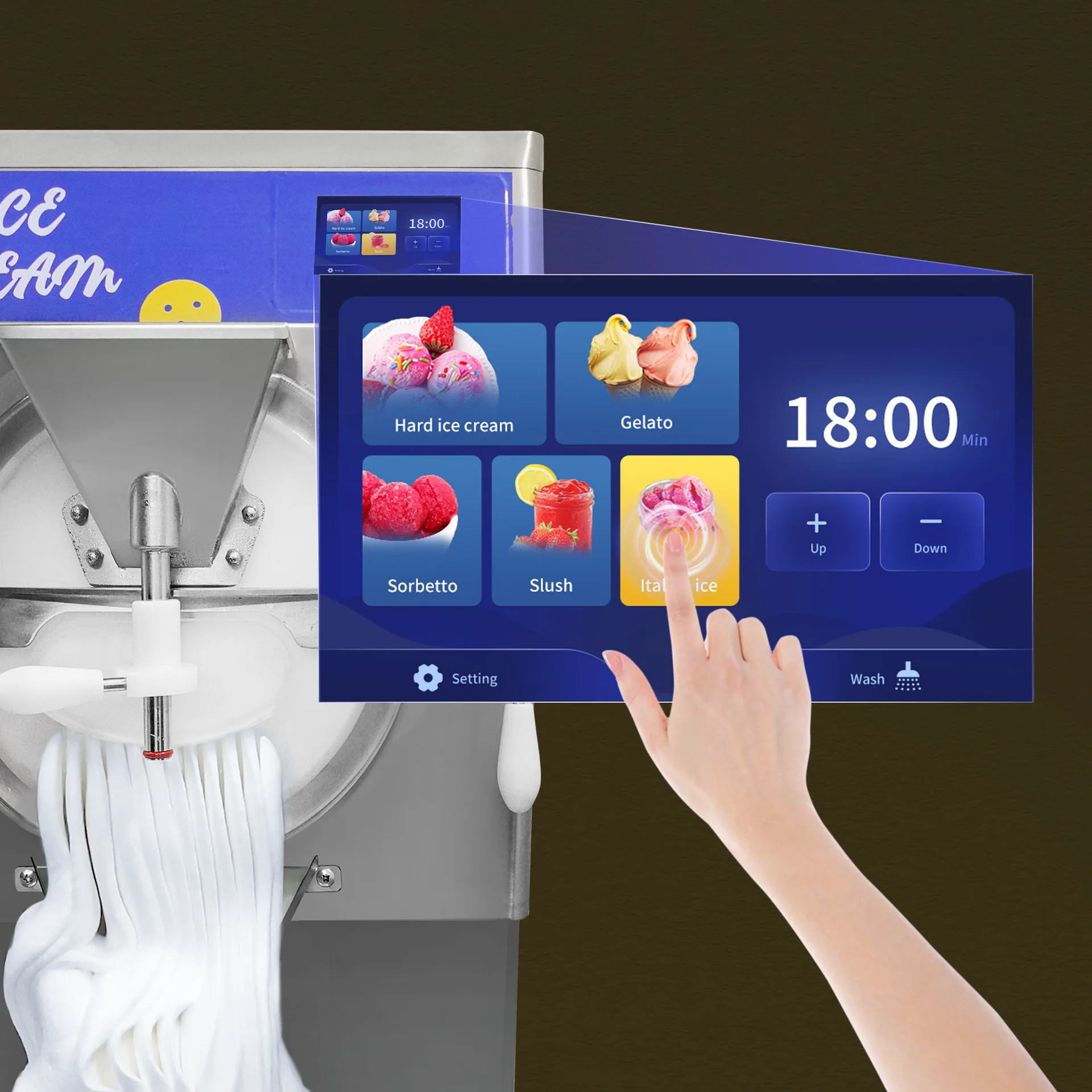 Máquina comercial italiana de helado y yogur, escritorio de acero inoxidable para aperitivos de té con leche y nueces de maíz en nueva condición