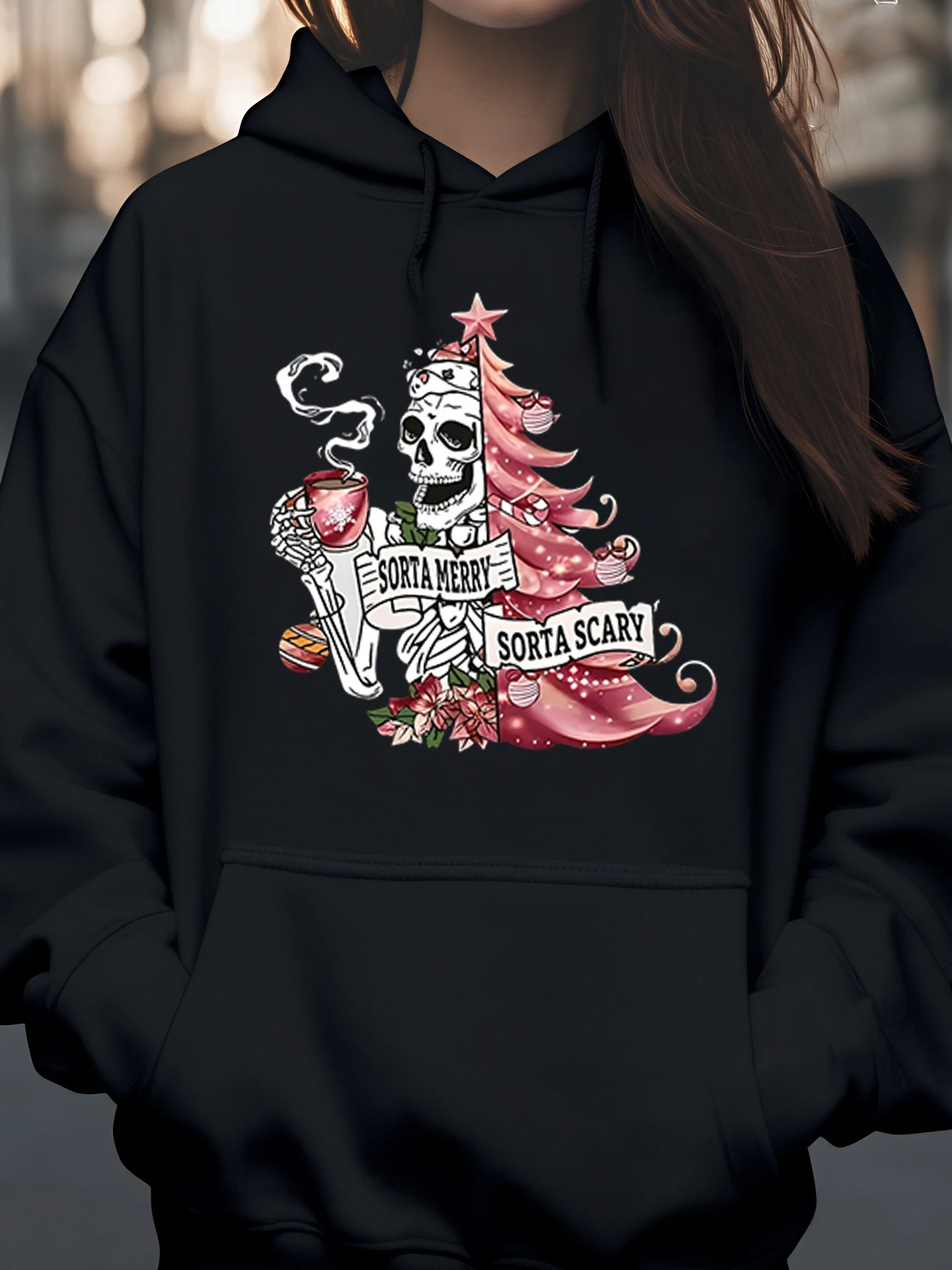

Скелет Рождественская елка Sorta Merry Sorta Толстовка со страшным принтом Праздничная вечеринка Женская повседневная одежда