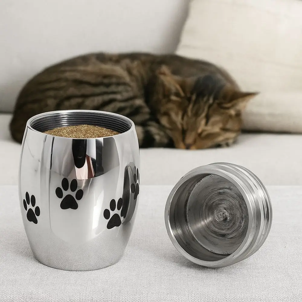 

Stainless Steel Pet Cremation Urns Waterproof Dustproof Ash Memorial Container with Lid Puppy Paw Pattern Keepsake Burial Jar