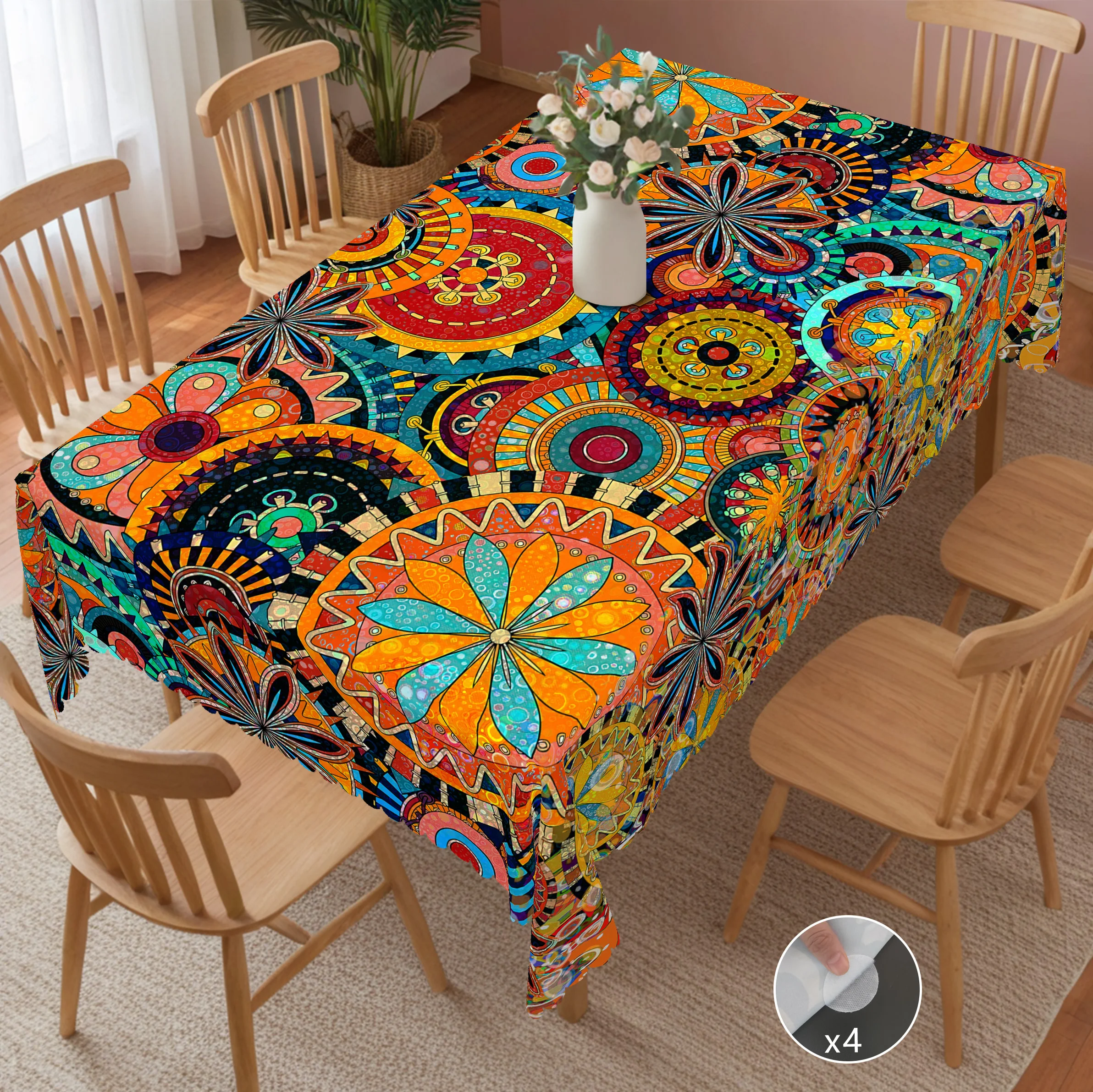 1-teilige, lebendige Tischdecke mit Bohemian-Muster, Mandala-Kaschmir-Paisley-Polka-Dot-Muster, bedruckt mit runder/quadratischer Tischdecke, geeignet für Feiertagsfeiern, Garten, Innenhof, dekorative