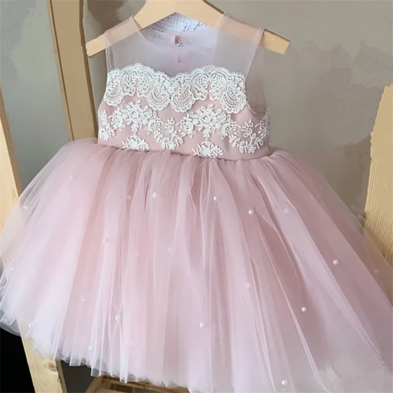 

Pink Flower Girl Dress Pearl Sleeves Princess Dress Girl Brithday Party Dress Girl Dress Baby Girl Dress Frist communion