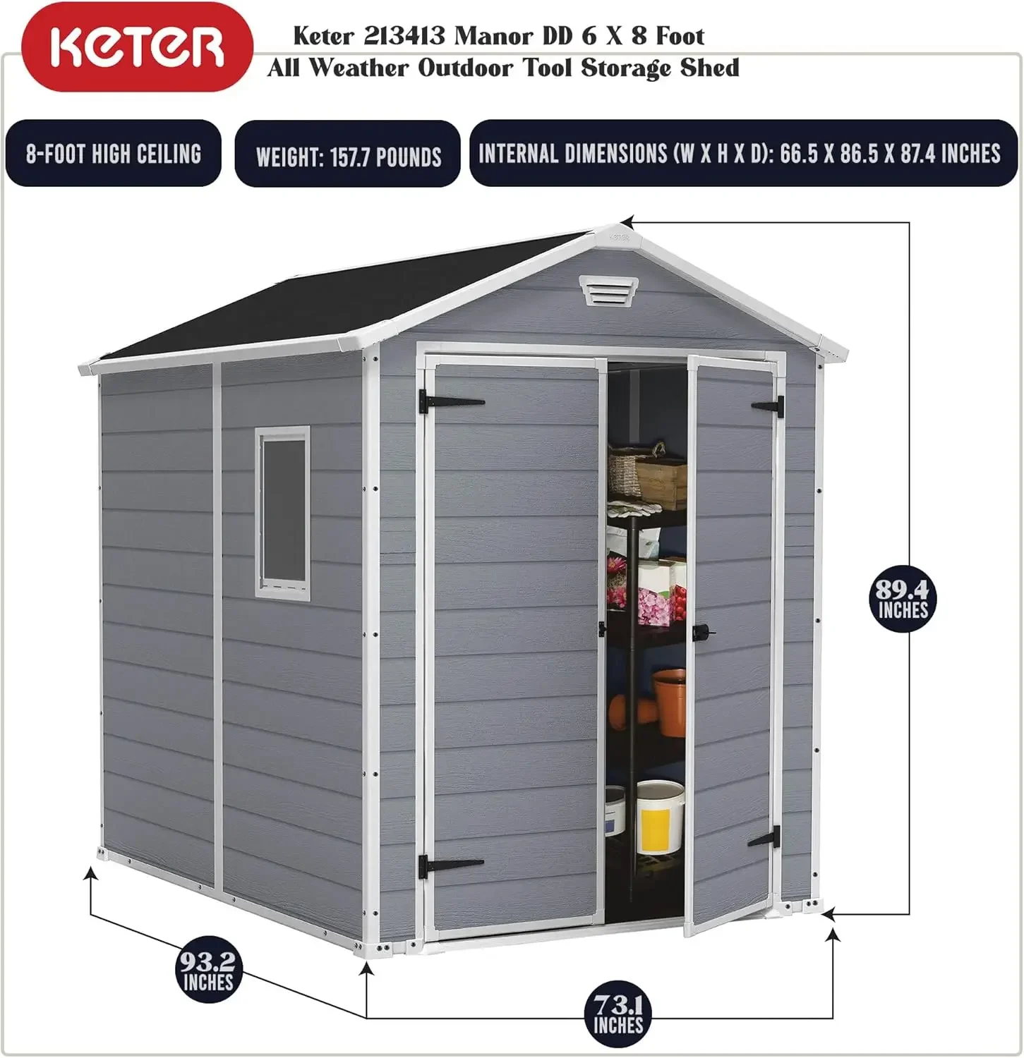 Duty Resin Outdoor Storage Shed with Double Lockable Doors, Floor Panel, & Built-in Ventilation, Light Grey