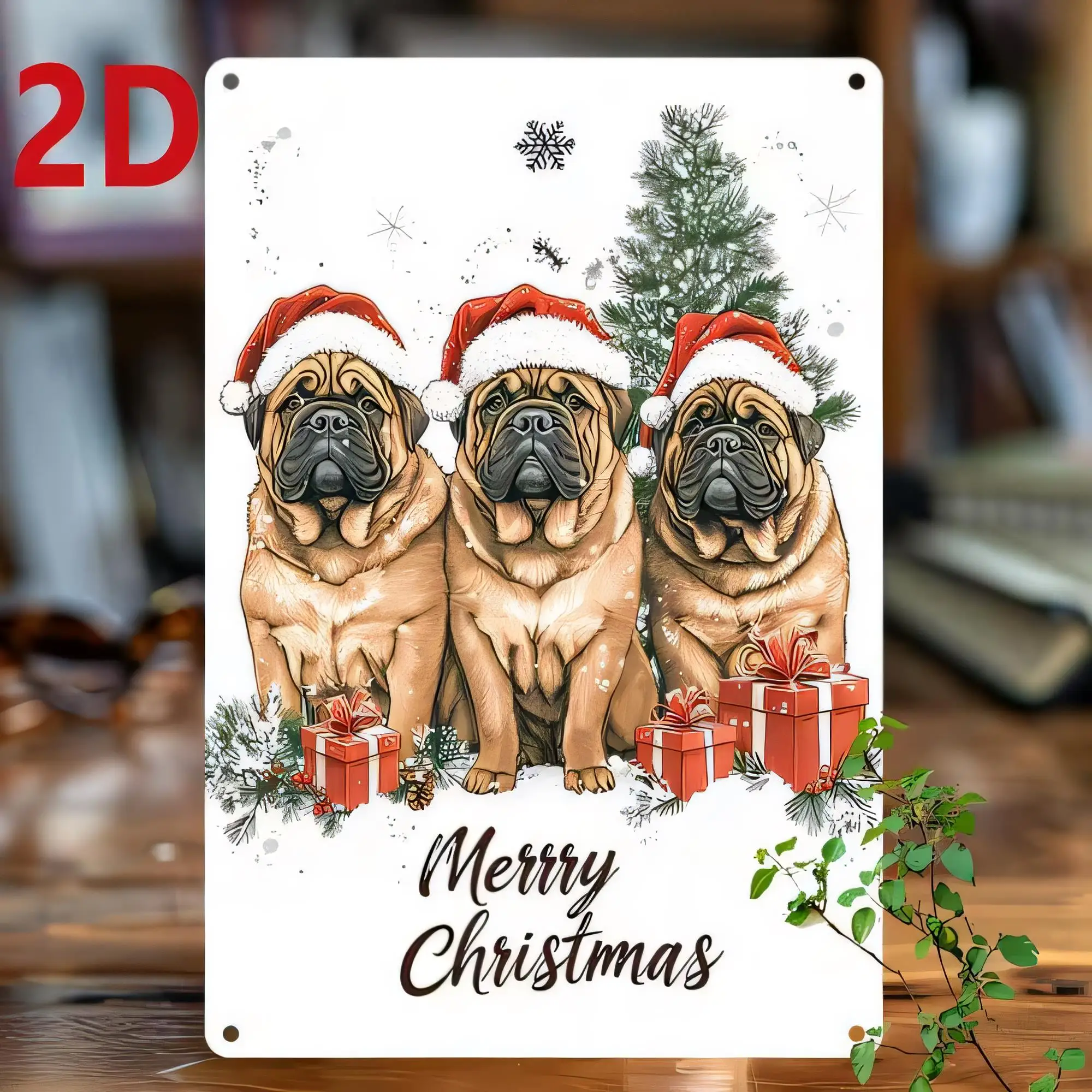 Tin Sign 2D Christmas Dog Trio “Merry Christmas” Decorative Metal Wall Plaque Vintage Holiday Garden Party Gift for Home Bar Gar