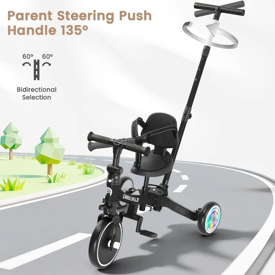 دراجة ثلاثية العجلات 5 في 1 للأطفال الصغار 1-3 دراجة أطفال قابلة للتحويل مع مقبض دفع ودواسات قابلة للإزالة دراجة توازن مع ضوء ملون #5