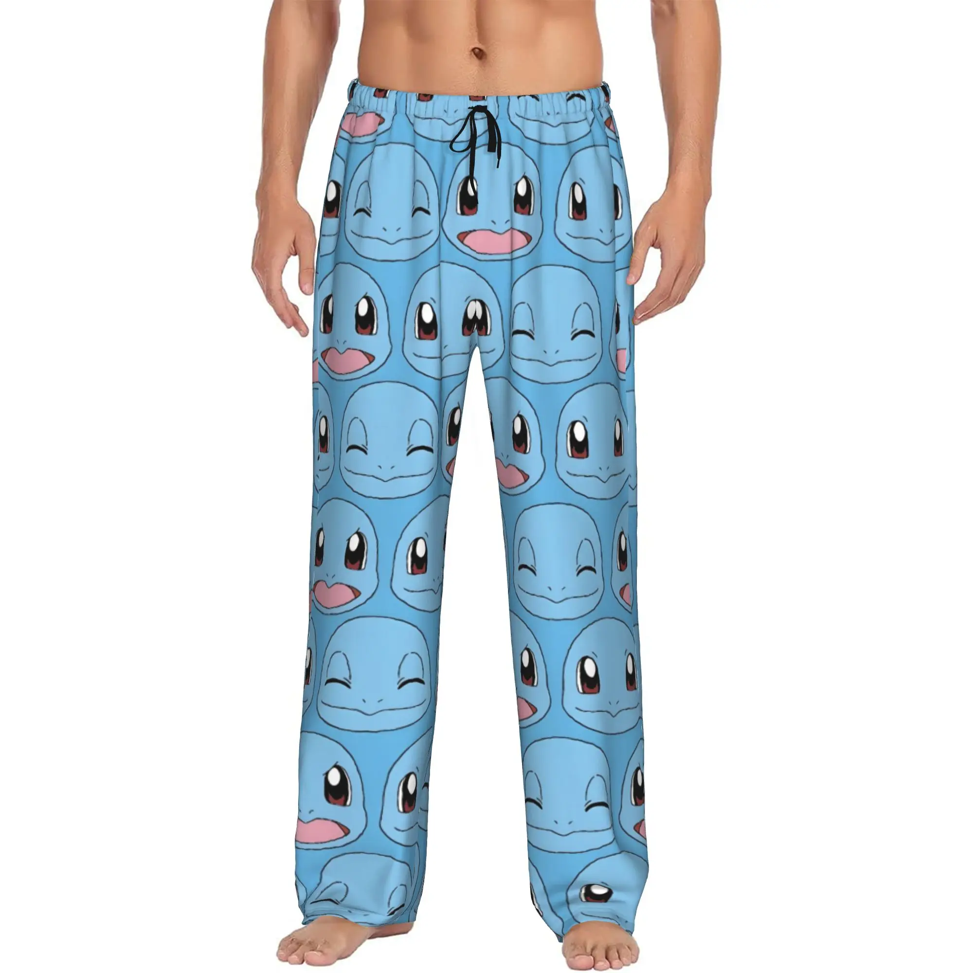 Custom Print S-Squirtled Turtle Cartoon Pajama Pants for Men Video Games Sleep Sleepwear Bottoms with Pockets