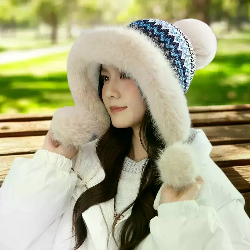 Chapéu lei feng quente forrado de lã engrossado para mulheres malha jacquard padrão proteção de ouvido chapéu à prova de frio versátil chapéu casual