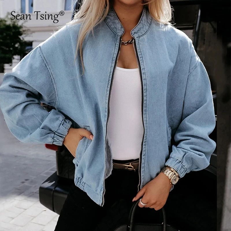 2024 Soft Denim Jackets Women\'s Long Sleeve Zip Up Loose Oversized Thin Coats Casual High Street Sweatshirts for Spring Fall