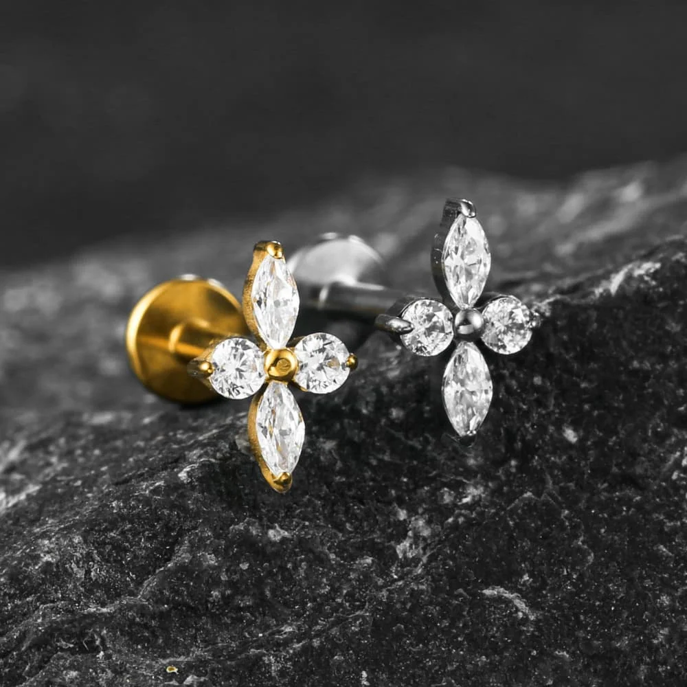 Twolobes 1PC ASTM F136 Titanium Marquise CZ Flower Labret Elegant Flat Back Studs Internally Threaded Tragus Conch Piercing
