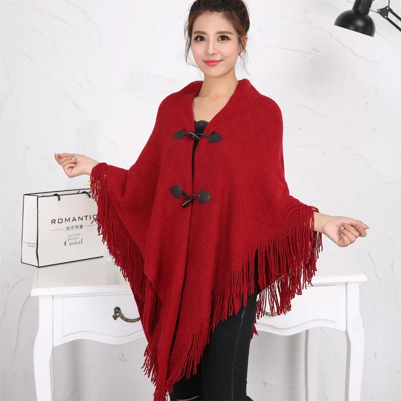 

New Fashion Wrap Cape with Fringe Horn Button Solid Color Irregular Double Layer Shawl