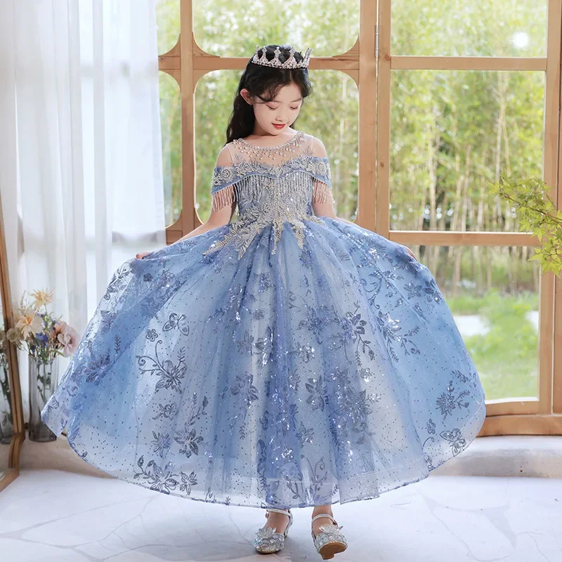 Flower Girls Embroidered Long Evening Gowns Children Formal Occasion Dress for Weddings Pageant Luxury Sweep Train Dresses Kids