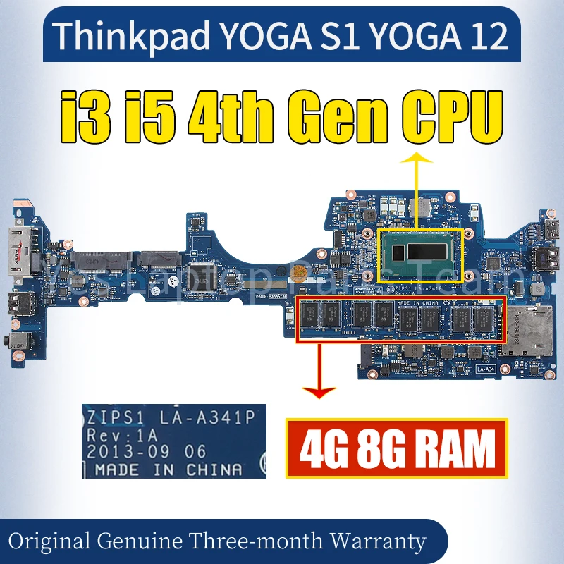 LA-A341P For Lenovo Thinkpad YOGA S1 YOGA 12 Laptop Mainboard i3 i5 4/5th Gen 4G 8G RAM 100％ Tested Notebook Motherboard