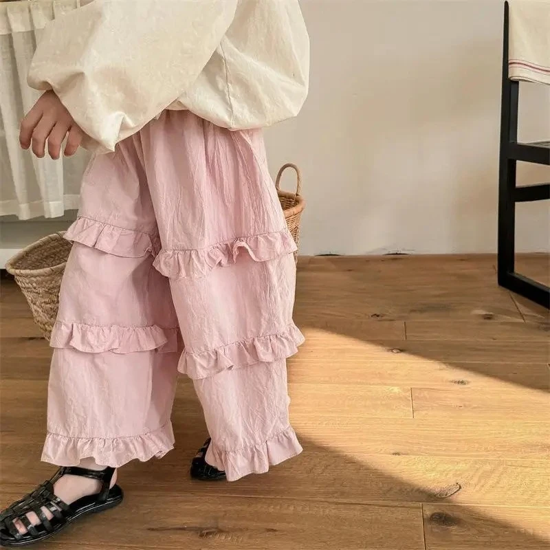 

2025 г., повседневные брюки для маленьких девочек, весна-осень-лето, модные удобные брюки с оборками для детей, одежда, наряды