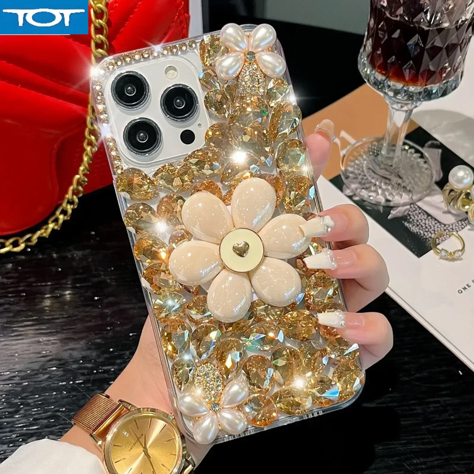 

Floral Pearl Bling Rose Diamond Chain Holder Phone Case For Xiaomi Redmi 9A 9C Note8 9Pro Note10S Note11 Pro 12 Pro Cover Capa v