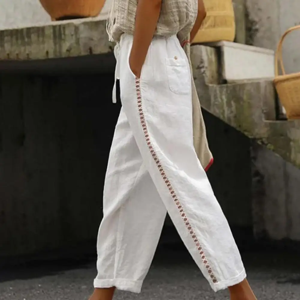 2025 Women Pants Side Hollow Design Elastic Waist Ankle Length Women Pants Cotton Flax Summer Trousers Tie-up Women Sweatpants