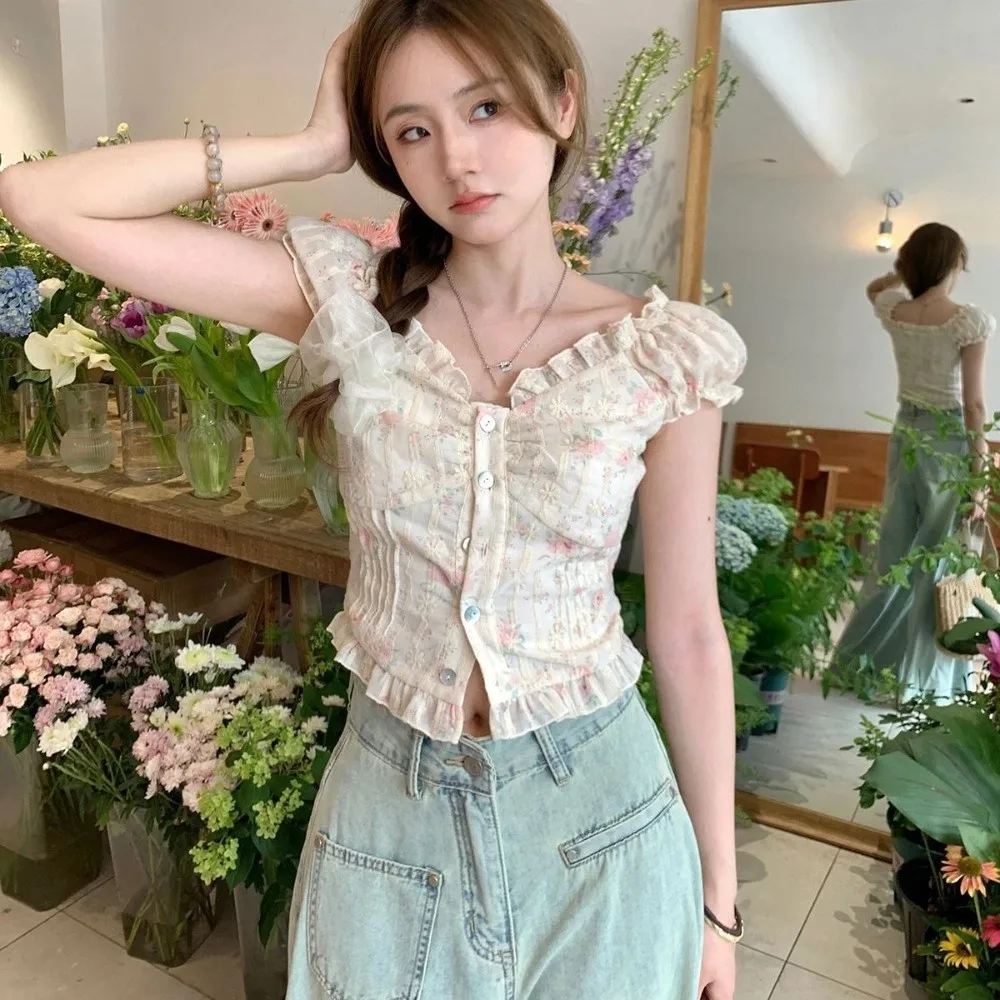 

Stylish Pleated Puff Sleeve Crop Top Off Shoulder Slim Fit Embroidered Floral T-shirt Ruffle Spicy Girl Sweet Top Women Female