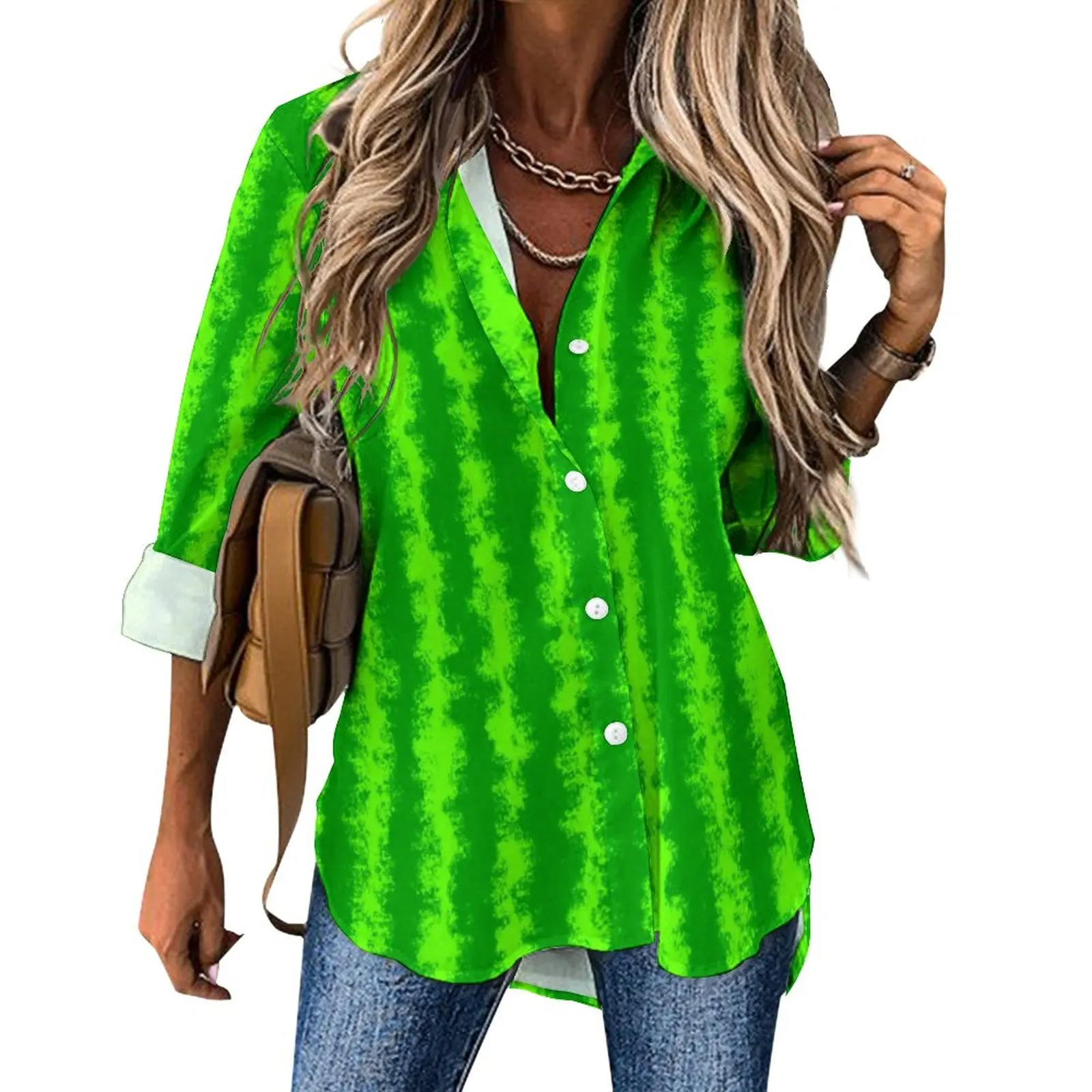 Green Striped Casual Blouse Watermelon Print Office Graphic Blouses Women Long Sleeve Streetwear Shirts Spring Oversized Top