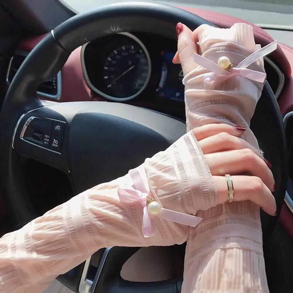 

Pearl Bow Sun Protection Arm Sleeves Anti UV Ultra Thin UV Protection Arm Covers Breathable Ice Silk Fabric Cooling Arm Sleeves