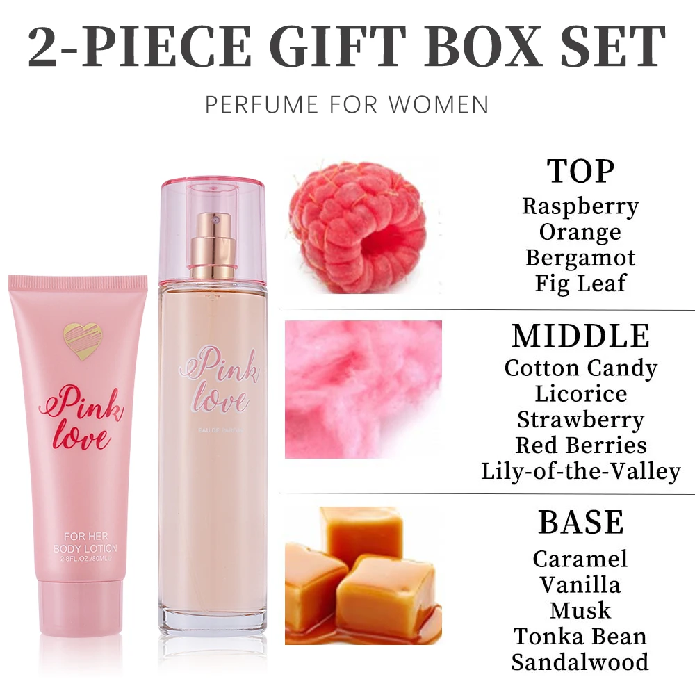 Women's Fragrance Sets 3.4fl.oz Eau de Parfum Spray EDP and 2.8fl.oz Body Lotion Large Set Pink Love 2 Pcs Gift for Women Long