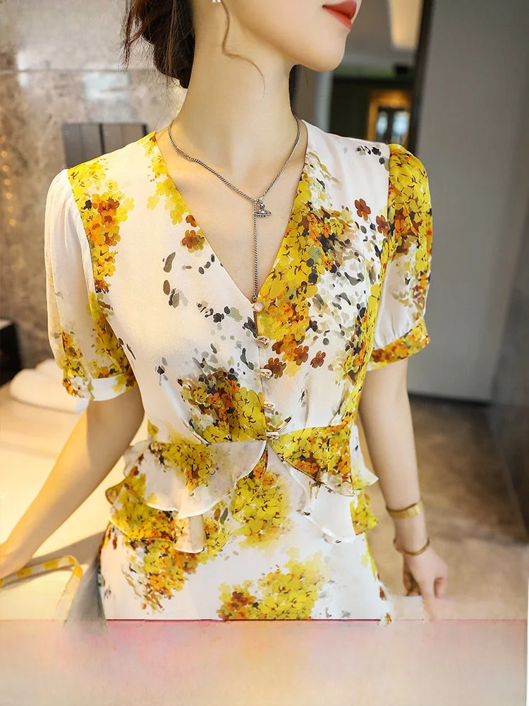 

Ele Silk Floral Dr Women's 2020 New Summer Waist Cinching V-ne Silk Long Dr Ladylike Commute Sle ort...