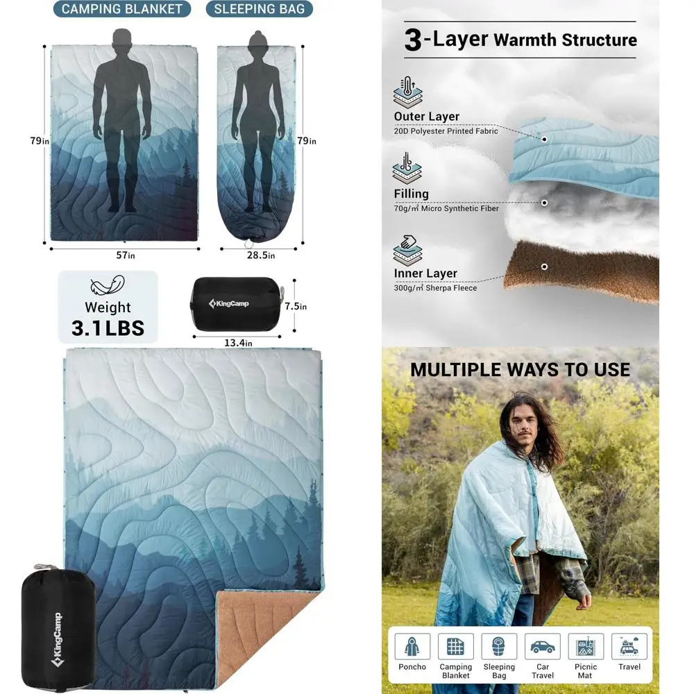 

Packable Sherpa-Lined Puffy Blanket with Snap Buttons, Outdoor Travel Quilt - 79x57 Cyan