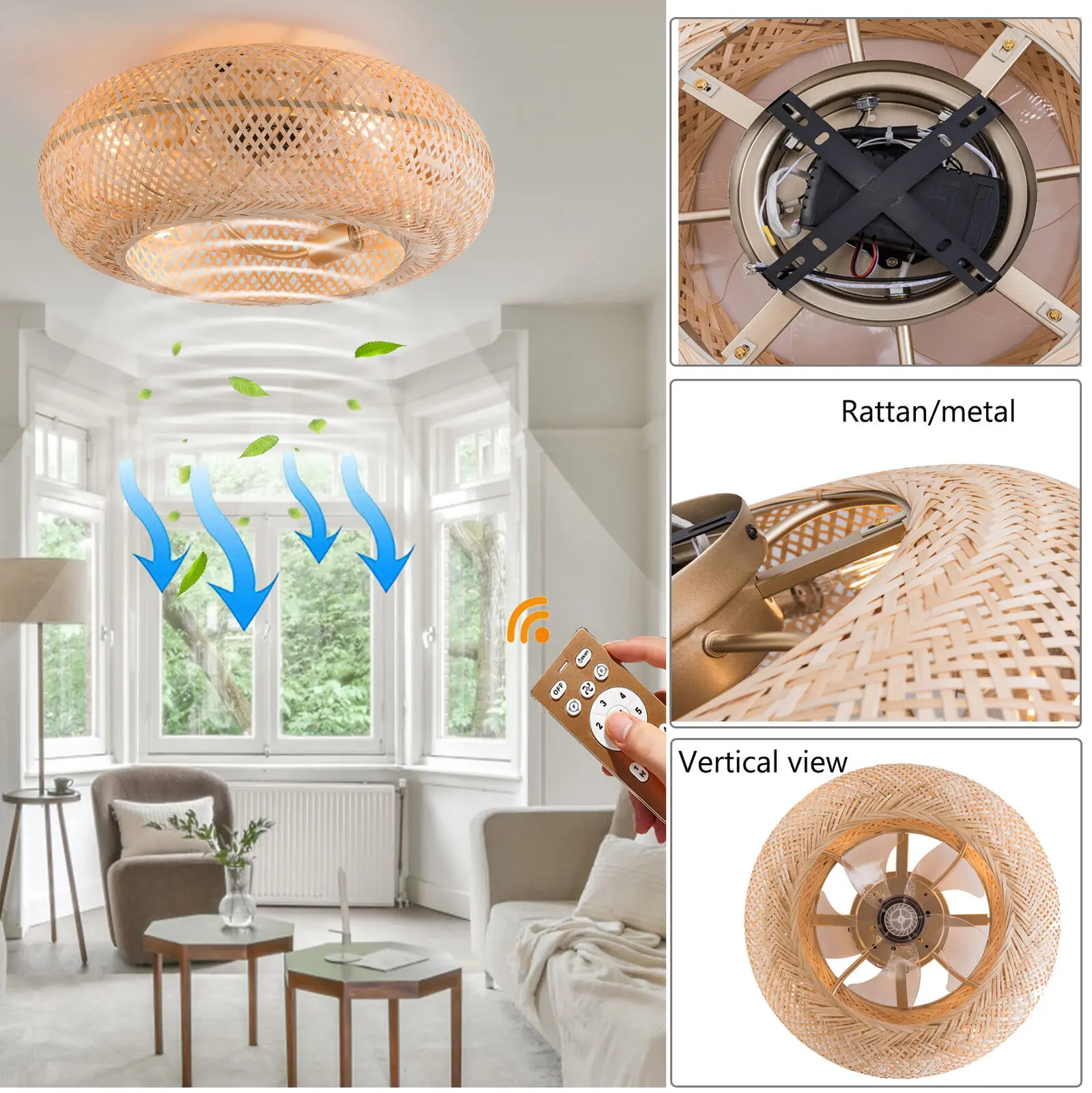 Boho Bamboe Licht Boerderij Gekooide Plafond Ventilator Verlichting Rustieke Kroonluchter Met Afstandsbediening 20 Inch Woonkamer Slaapkamer Plafond Ventilator Lamp