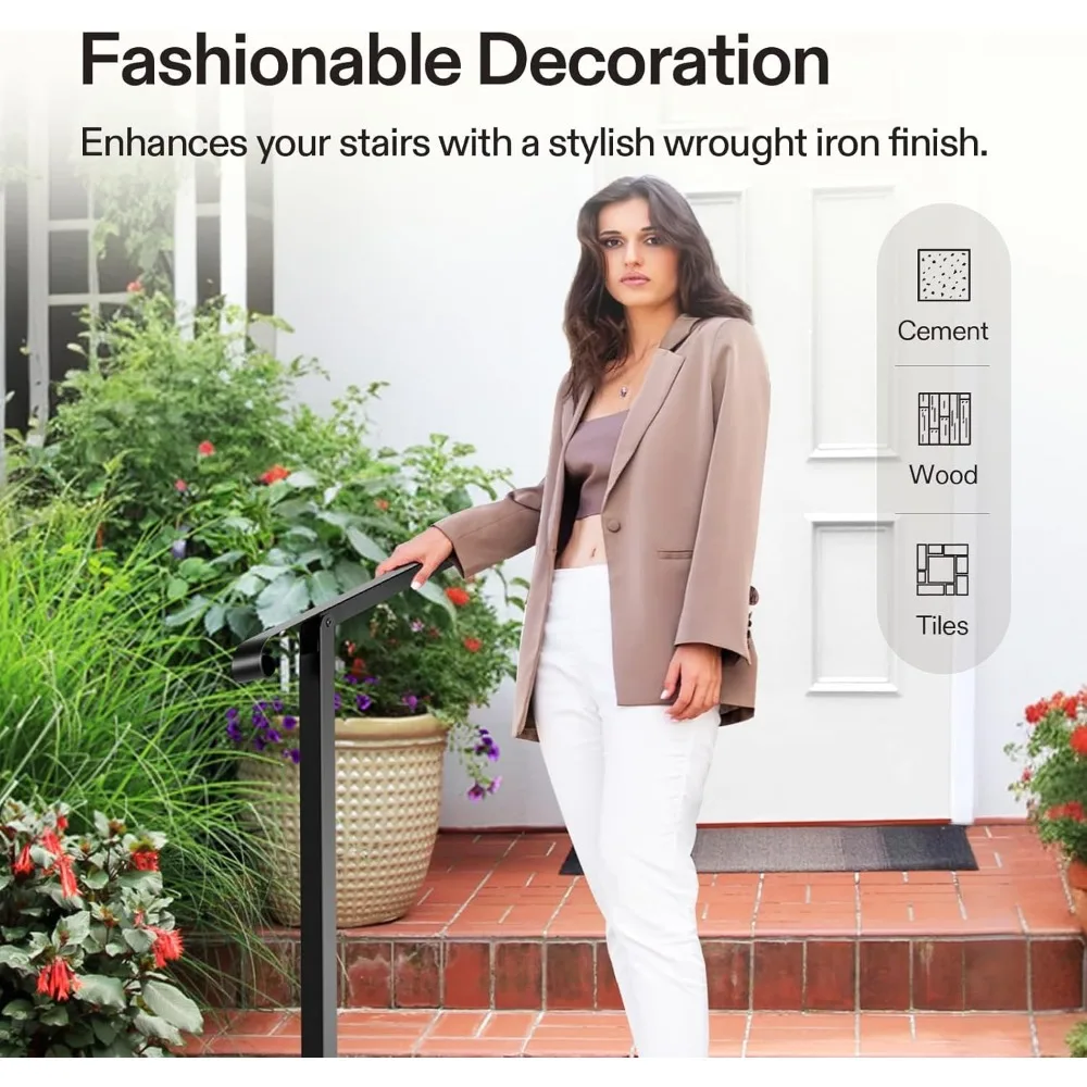 درابزين خارجي بأربعة خطوات للسلالم، 47.5 × 39، درابزين حديد غير لامع مع منحنى واحد، مناسب لخطوات 1-4 درج من الحديد المطاوع #6