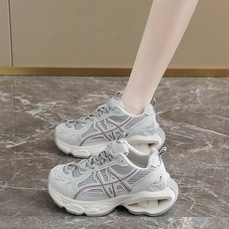 Breathable Mesh Lace-Up Chunky Platform Sneakers for Women Casual Walking Daily Wear Comfortable Non-Slip Thick Sole