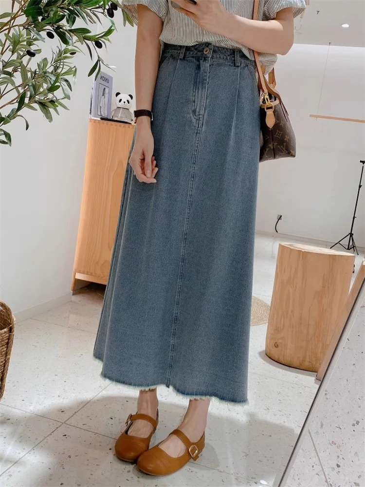 

High Waist A-Line Midi Skirt Denim Women's Summer New plus Size Slimming Tassel Hem Skirt for Casual Commute Korean Style