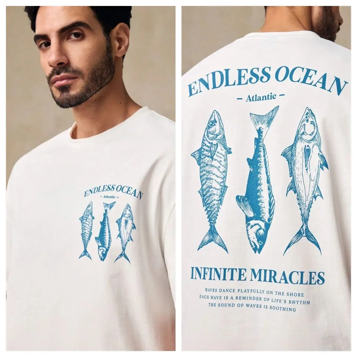 Sports Casual Fish Graphic Print Loose Drop Shoulder Crew Neck Short Sleeve T-Shirt Suitable for Outdoor Home Dating Beach