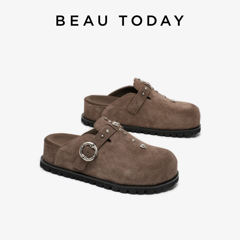 

BEAUTODAY повседневные сабо, женские однотонные туфли из коровьей замши на платформе с заклепками, уличные туфли на плоской подошве, женские туфли без шнуровки с пряжкой, 34125