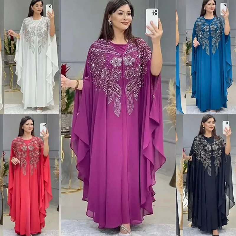 African Dresses for Women Chiffon Beads Abaya Moroccan Kaftan Muslim Dress Dubai Turkey Caftan African Ankara Dashiki Robe Set