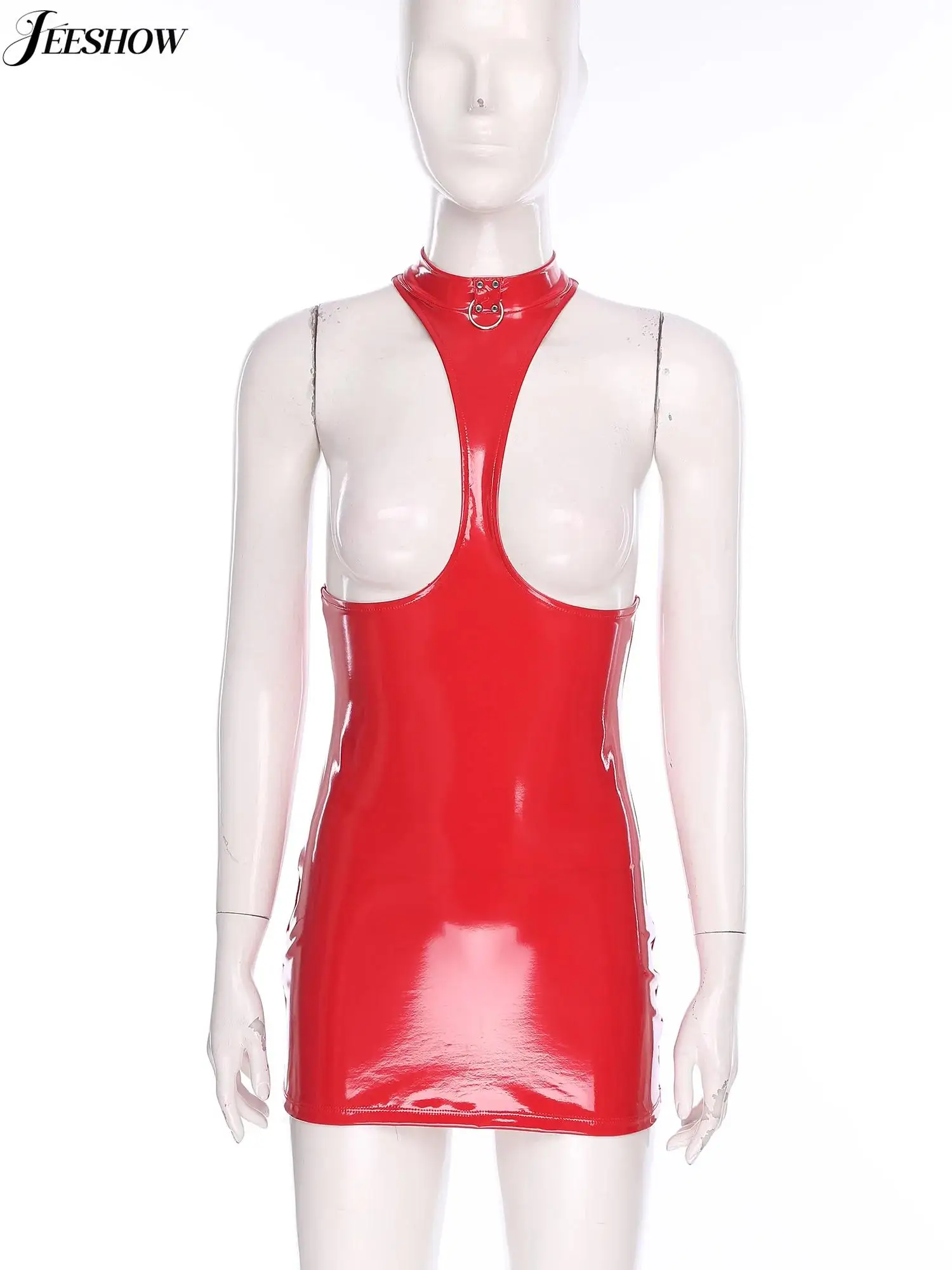 Dames sexy lakleer uitgesneden mini-jurk mouwloos met borst kont uitgehold bodycon micro-jurk wetlook clubjurken