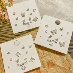 5 Pairs S925 Silver Needle Zinc Alloy Earrings Set Flower Butterfly Ball Heart Shape Cute Fresh Earrings For Women Jewelry Gift