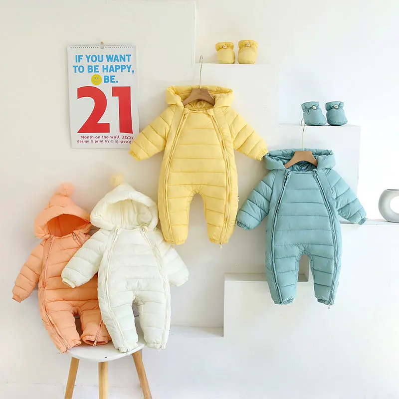 Autumn Winter Newborns Romper Hooded Plus Velvet Solid Cotton Quilted Toddler Boy Jumpsuit Snowsuit Infant Baby Girl Overalls