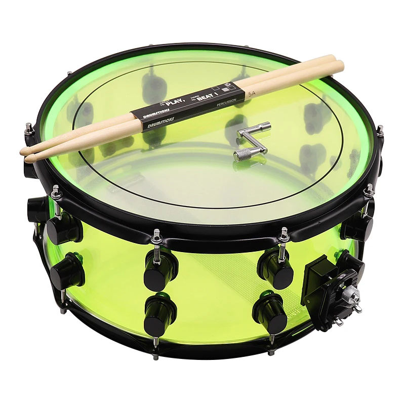 13 Inch Diameter 7 Inch Depth Acrylic Snare Drum Green with Black Color Iron Hoop and Metal One Side Drum Lug