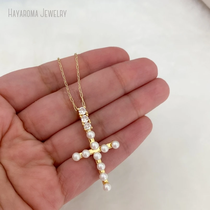 10Pcs Pearl beaded cross pendant dainty necklace catholic religious Christian jewelry