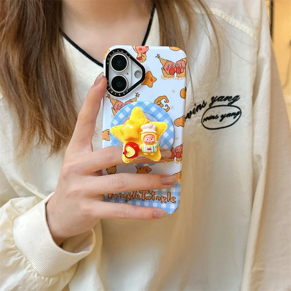 

Korean Cute plaid Star Cartoon With Magsafe Stand Phone Case For iPhone 17 Pro 15 14 13 16 Pro Max Cover With Holder Fundas Case