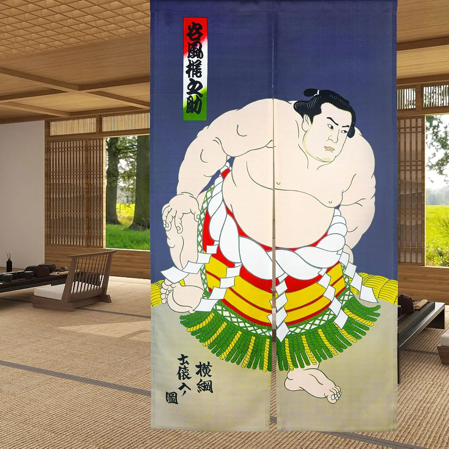 Cortina de puerta japonesa Sumo Yokozuna, fondo azul con estampado de luchador de sumo Ukiyo-e, decoración tradicional japonesa, separador de ambientes