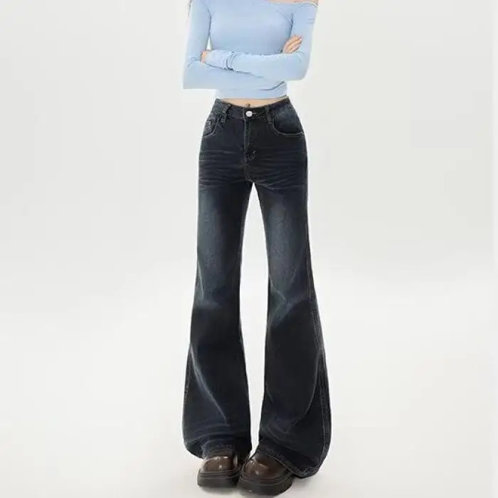 

Sexy Retro American Denim Jeans Women's Early Spring Hot Pants Elastic Bell Bot Straight Leg Versatile Slimming Jeans