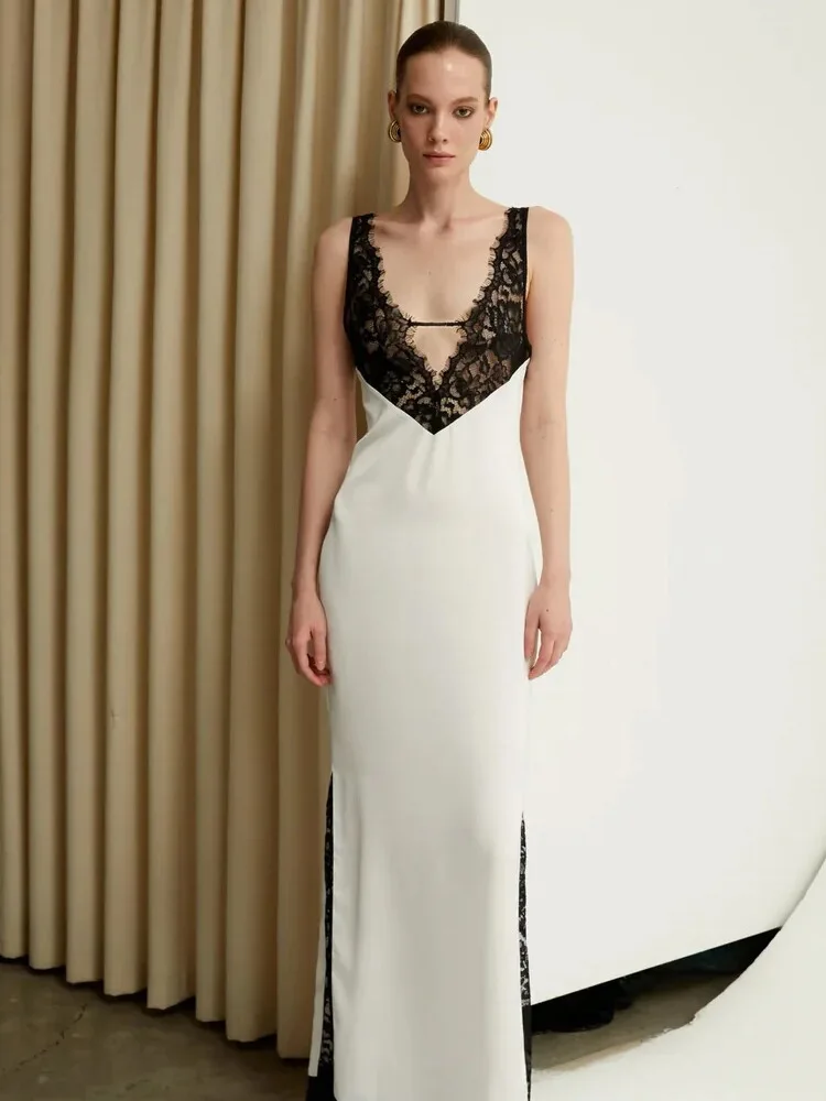 

High Quali Lace Splice Knitted Wrap Dr Casual Summer Par Dr Women's Faion Midi Length Gown Wedding Anniversary