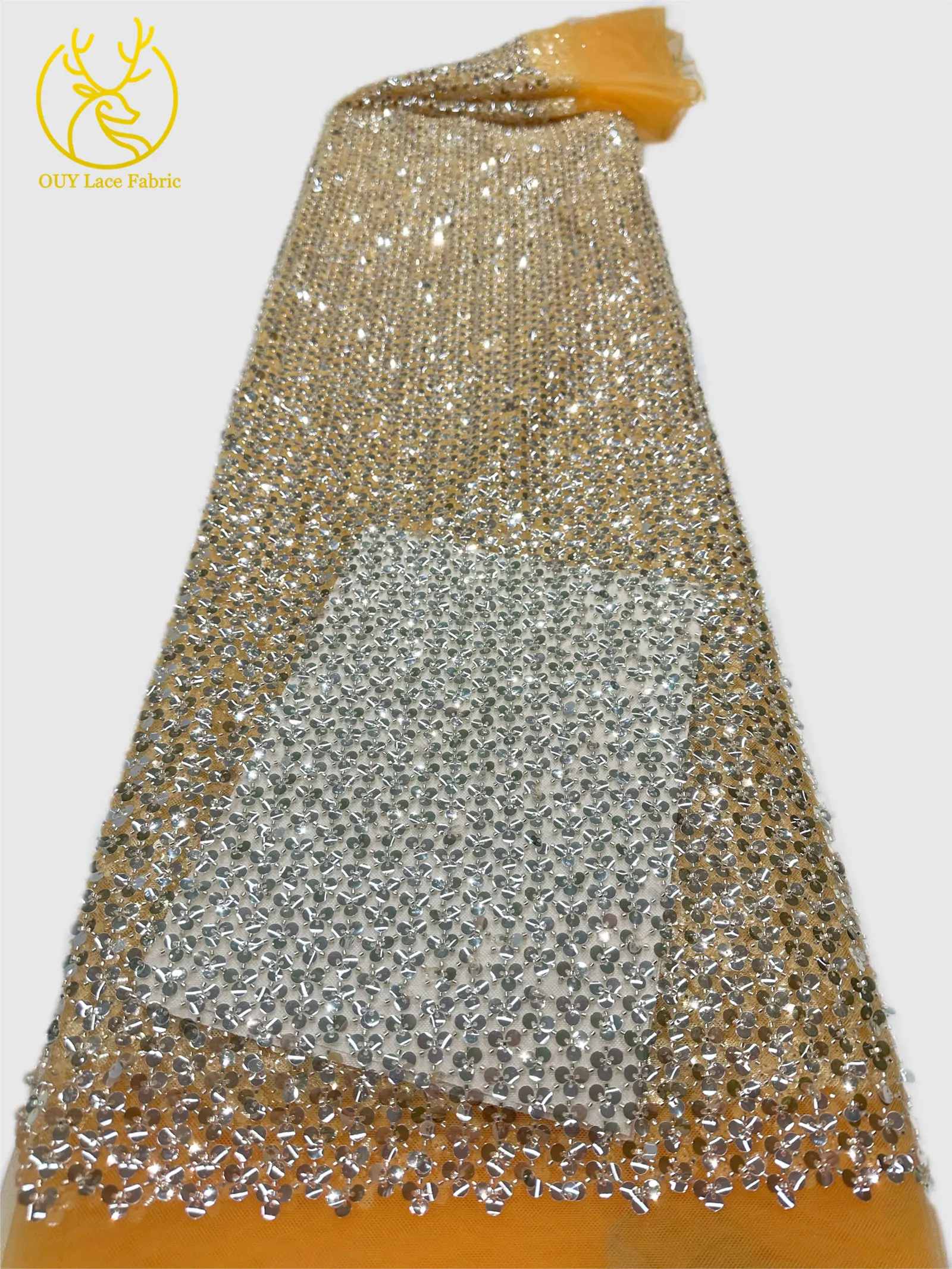 Neues Design Afrikanischer Pailletten-Spitzenstoff 2026 Hochwertiger Nigerianischer Perlen-Tüll-Spitzenstoff für Damen Party Hochzeitskleid Nähen – Detail 7