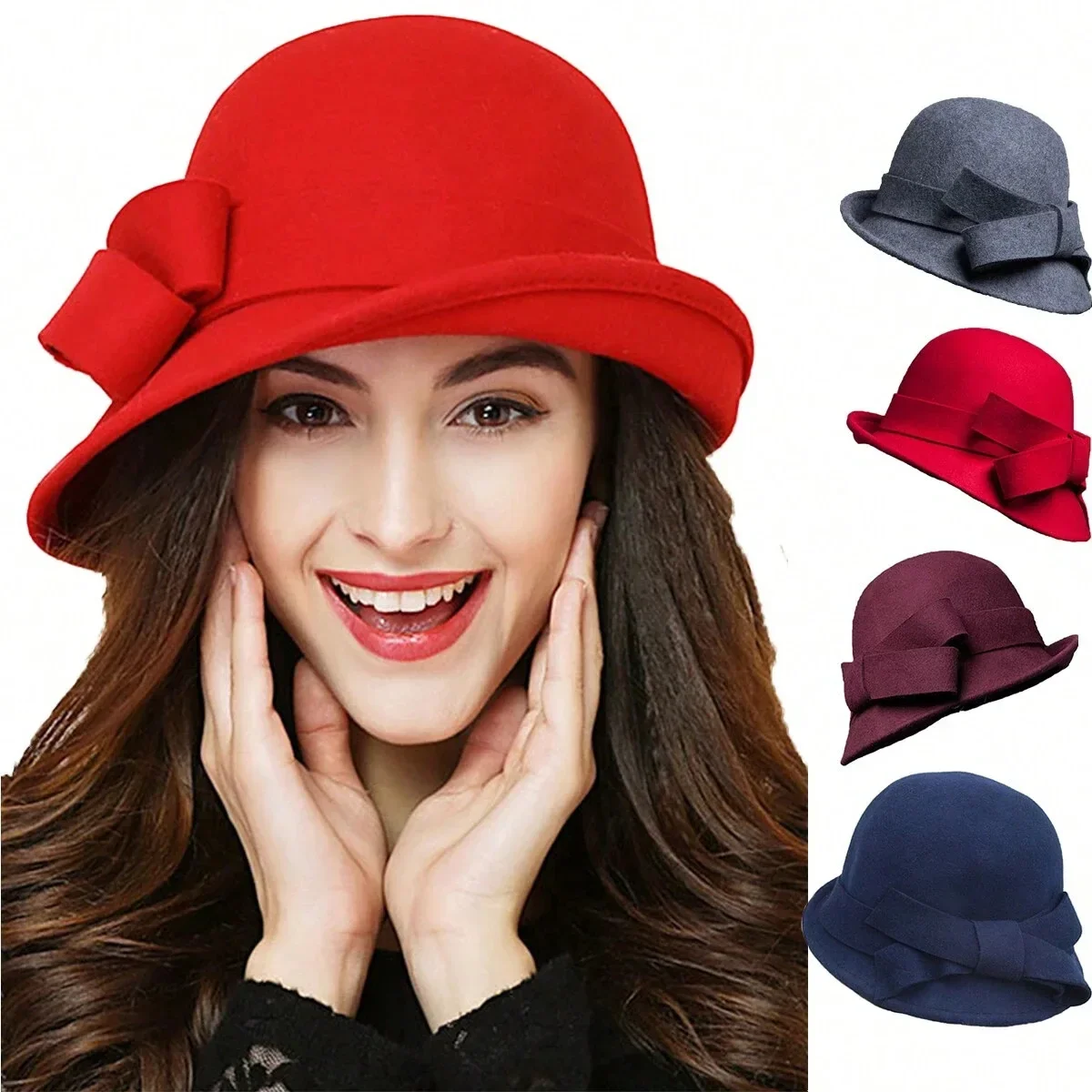 Gorro de invierno para mujer estilo Gatsby de los años 20, gorro Fedora de lana cálido con flores, gorros de iglesia para mujer, gorro de fieltro para mujer