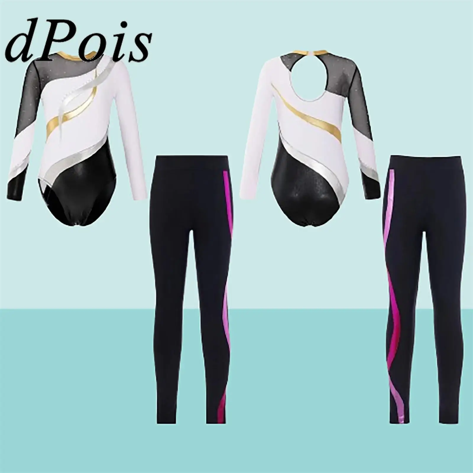

Childs Figure Skating Jumpsuit for Teens Long Sleeve Rhythmic Gymnastics Bodysuit Kids Girls Patchwork Ballet Leotard with Pants